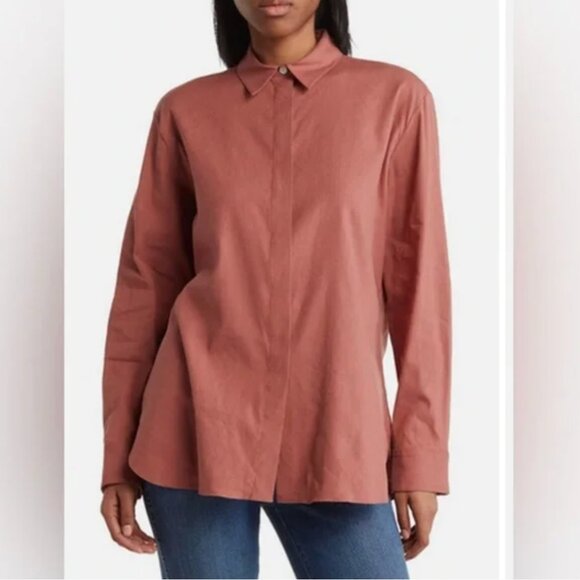 THEORY Classic Linen Long Sleeve Button Shirt Blouse Rose Terracotta Women's S - Picture 1 of 12